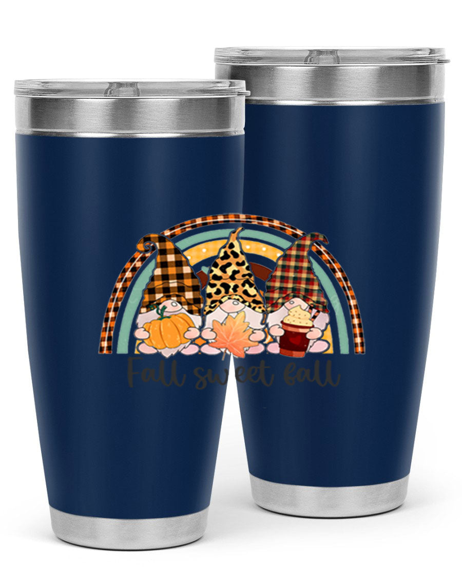 FallSweetFallGnomeRainbow 20oz tumbler featuring double wall vacuum stainless steel design with colorful gnome print.