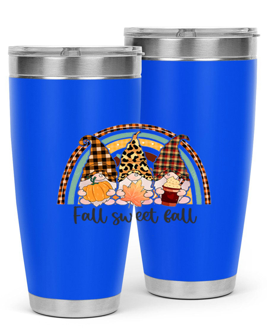 FallSweetFallGnomeRainbow 20oz tumbler featuring double wall vacuum stainless steel design with colorful gnome print.
