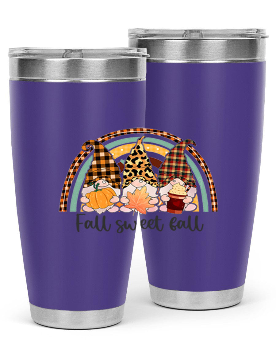 FallSweetFallGnomeRainbow 20oz tumbler featuring double wall vacuum stainless steel design with colorful gnome print.
