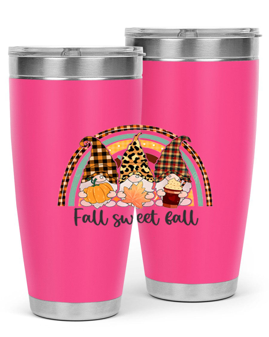 FallSweetFallGnomeRainbow 20oz tumbler featuring double wall vacuum stainless steel design with colorful gnome print.
