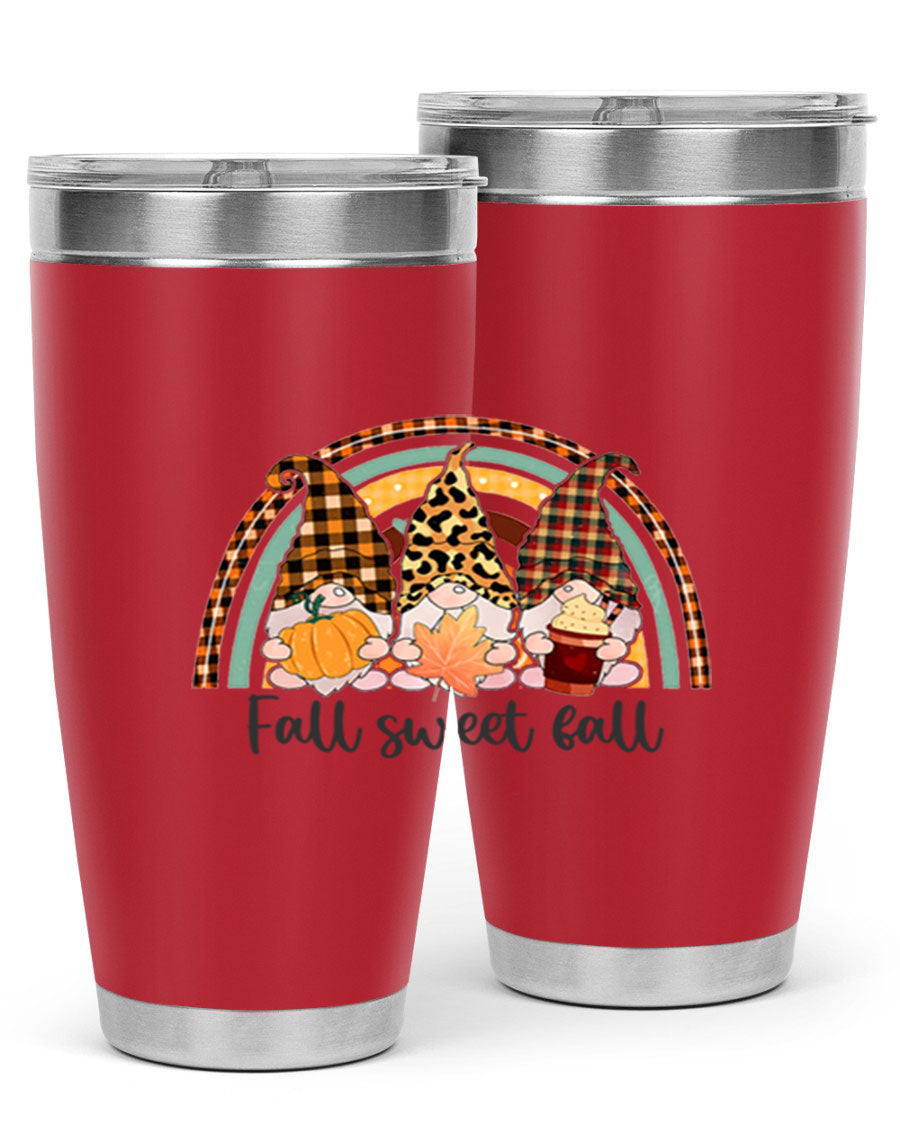 FallSweetFallGnomeRainbow 20oz tumbler featuring double wall vacuum stainless steel design with colorful gnome print.