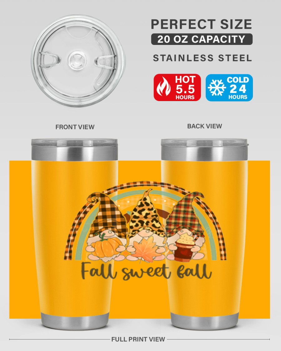 FallSweetFallGnomeRainbow 20oz tumbler featuring double wall vacuum stainless steel design with colorful gnome print.