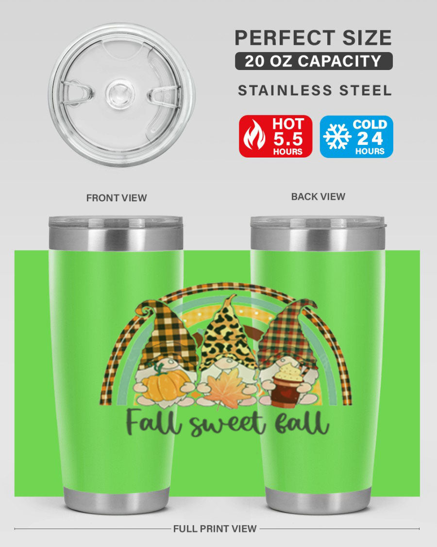 FallSweetFallGnomeRainbow 20oz tumbler featuring double wall vacuum stainless steel design with colorful gnome print.