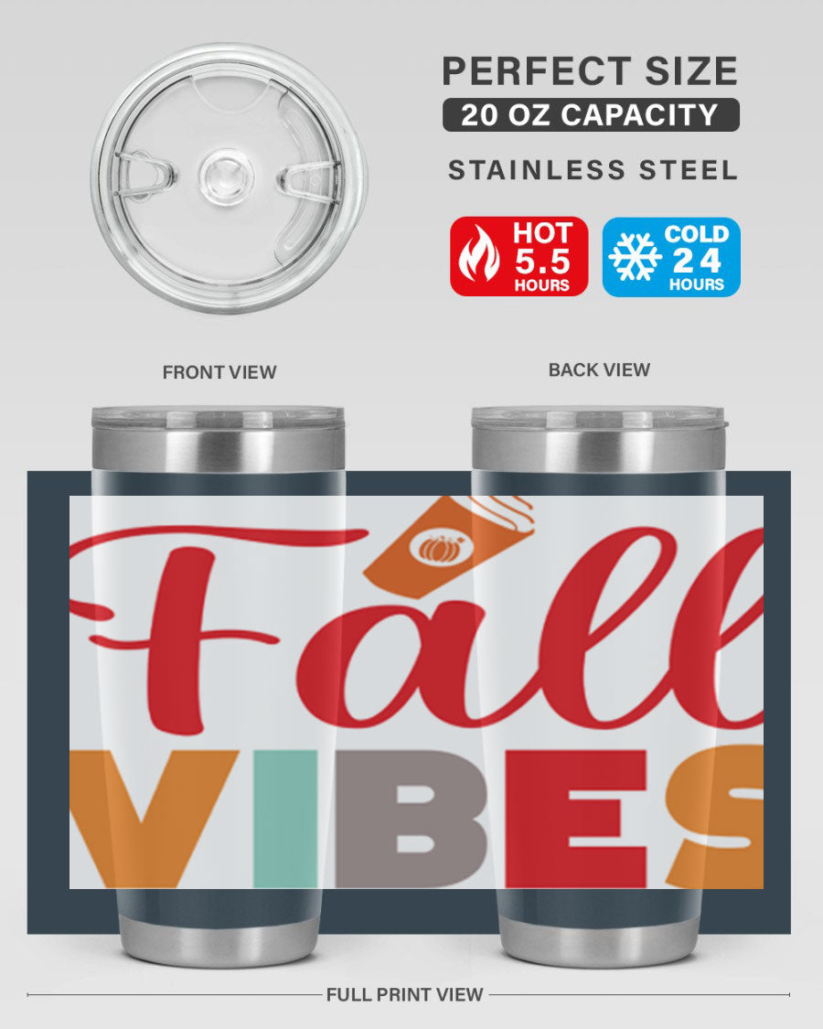 FallVibesdesign 166# Tumbler showcasing its double wall vacuum stainless steel design, perfect for hot and cold beverages.