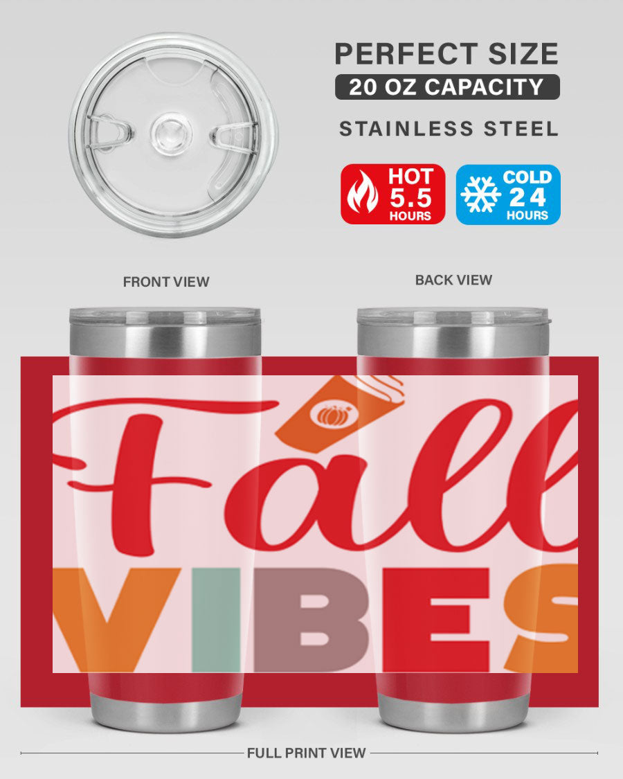 FallVibesdesign 166# Tumbler showcasing its double wall vacuum stainless steel design, perfect for hot and cold beverages.