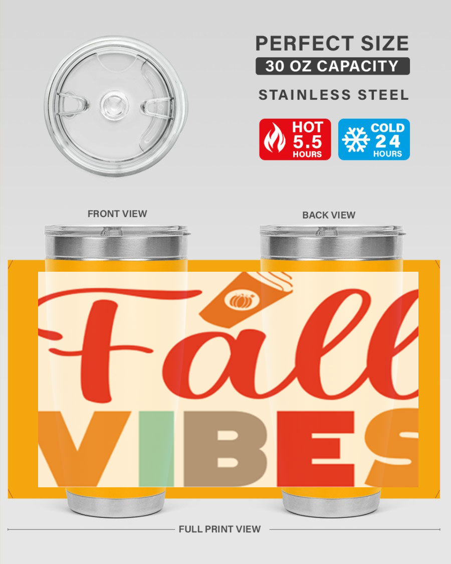 FallVibesdesign 166# Tumbler showcasing its double wall vacuum stainless steel design, perfect for hot and cold beverages.