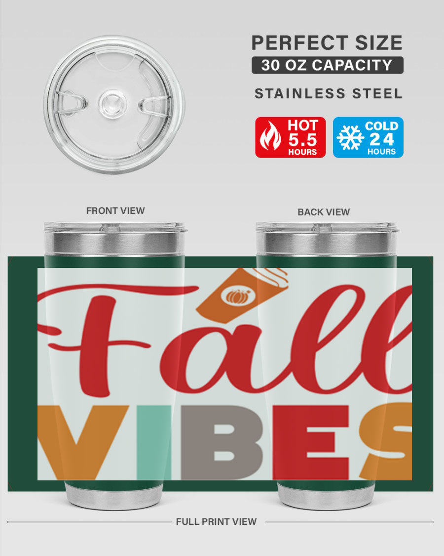 FallVibesdesign 166# Tumbler showcasing its double wall vacuum stainless steel design, perfect for hot and cold beverages.