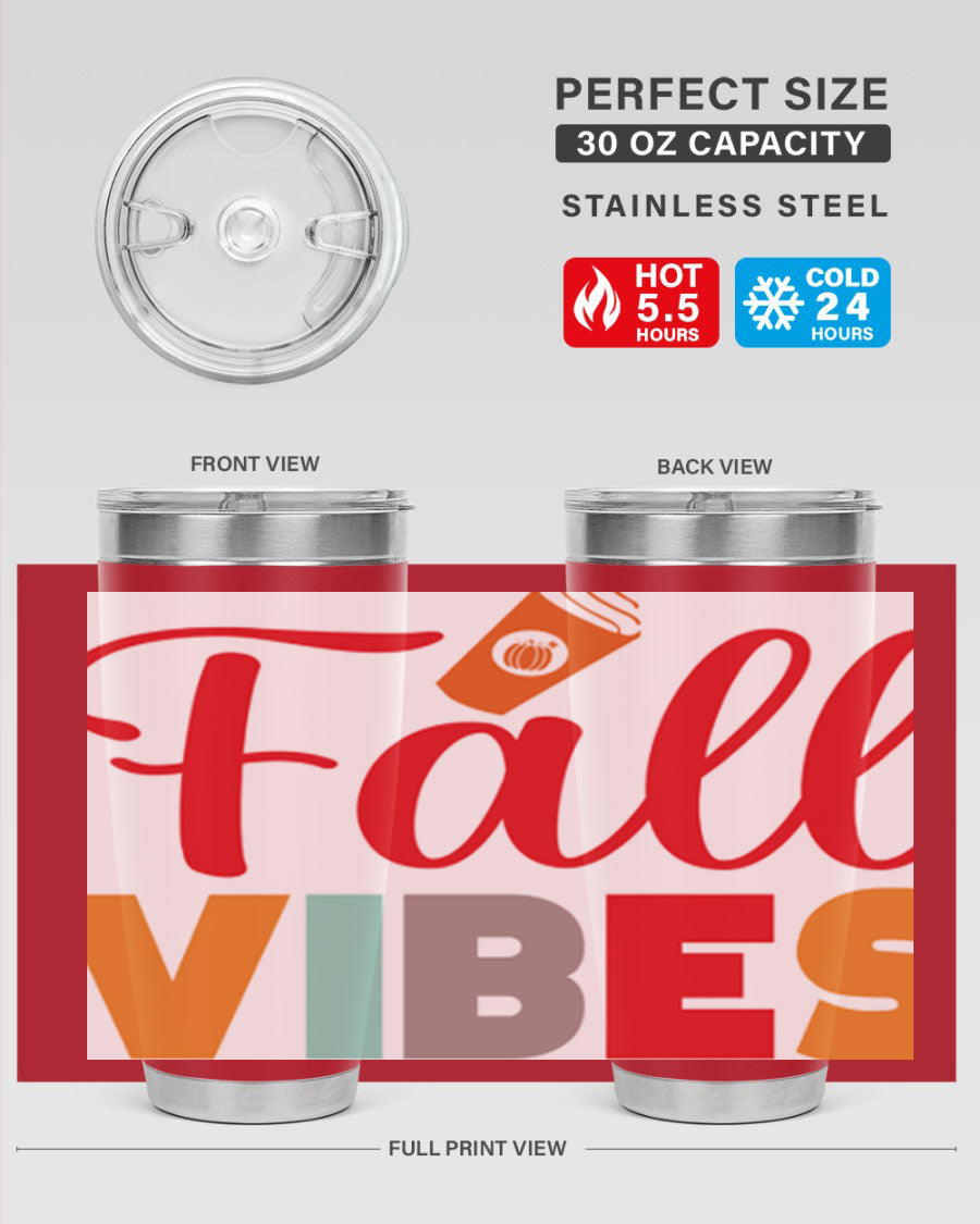 FallVibesdesign 166# Tumbler showcasing its double wall vacuum stainless steel design, perfect for hot and cold beverages.