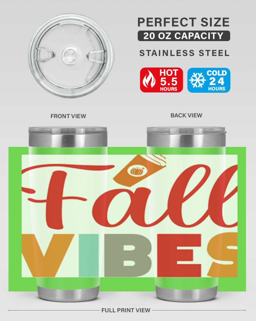 FallVibesdesign 166# Tumbler showcasing its double wall vacuum stainless steel design, perfect for hot and cold beverages.