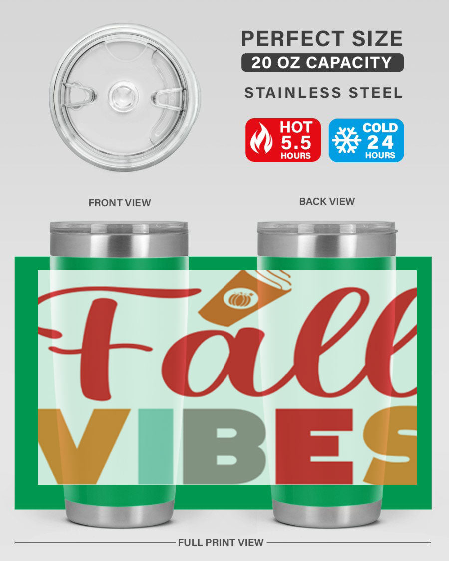FallVibesdesign 166# Tumbler showcasing its double wall vacuum stainless steel design, perfect for hot and cold beverages.