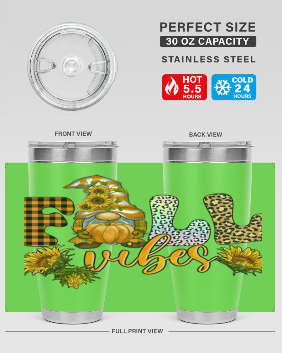 FallVibesFallGnome 20oz tumbler featuring double wall vacuum insulation and a stylish design, perfect for hot and cold beverages.