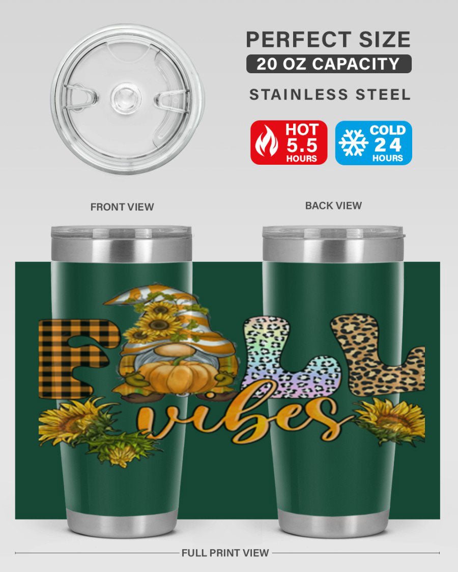 FallVibesFallGnome 20oz tumbler featuring double wall vacuum insulation and a stylish design, perfect for hot and cold beverages.