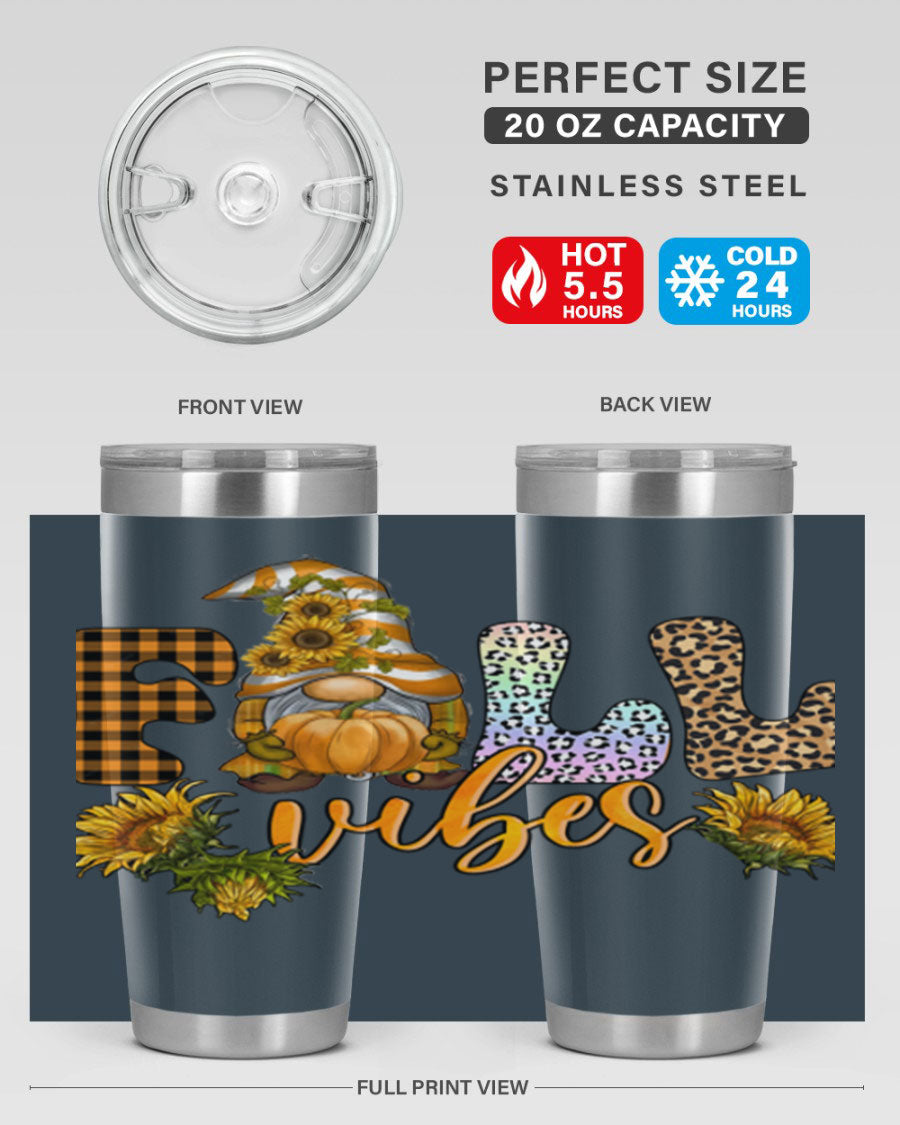 FallVibesFallGnome 20oz tumbler featuring double wall vacuum insulation and a stylish design, perfect for hot and cold beverages.