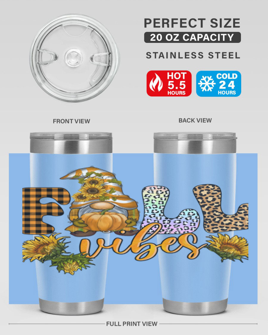 FallVibesFallGnome 20oz tumbler featuring double wall vacuum insulation and a stylish design, perfect for hot and cold beverages.