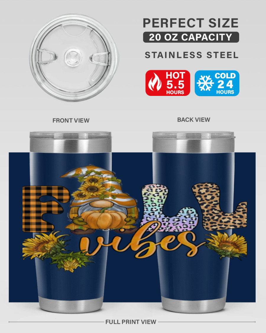 FallVibesFallGnome 20oz tumbler featuring double wall vacuum insulation and a stylish design, perfect for hot and cold beverages.