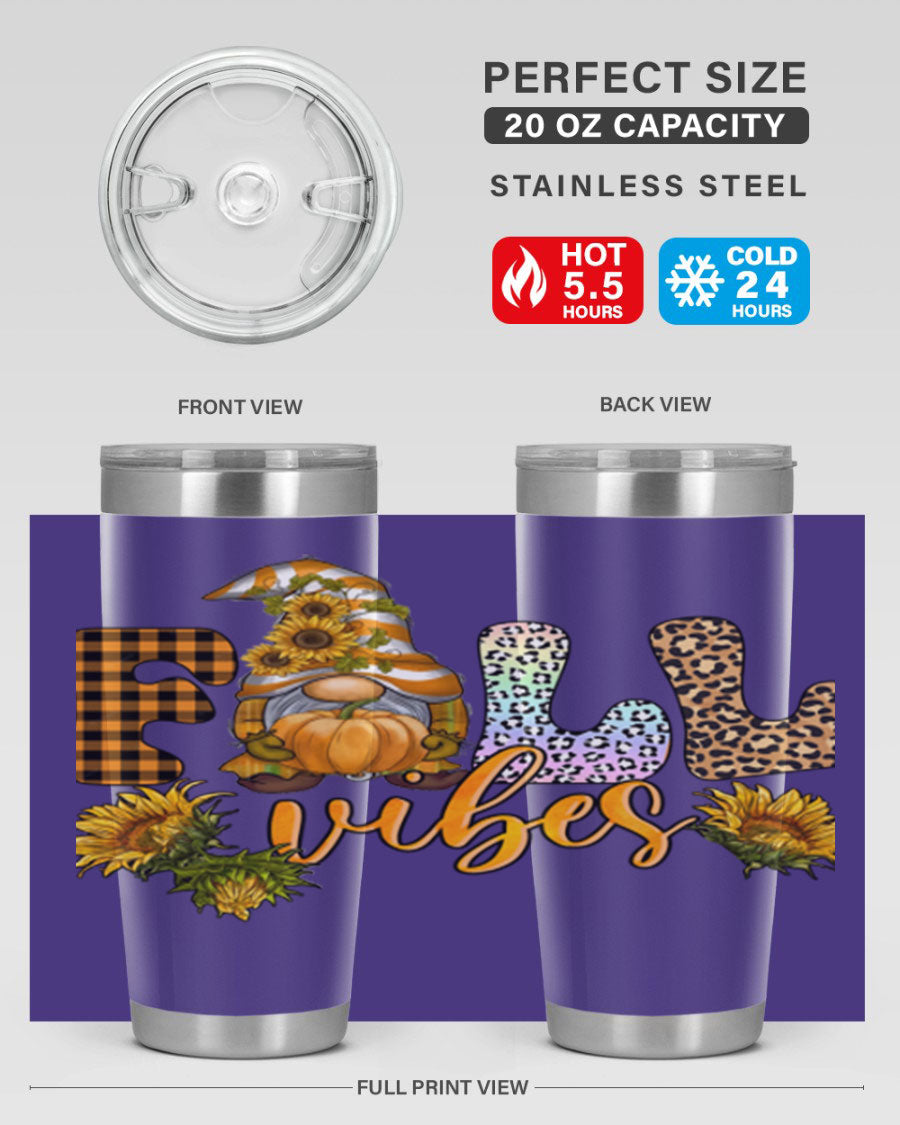 FallVibesFallGnome 20oz tumbler featuring double wall vacuum insulation and a stylish design, perfect for hot and cold beverages.