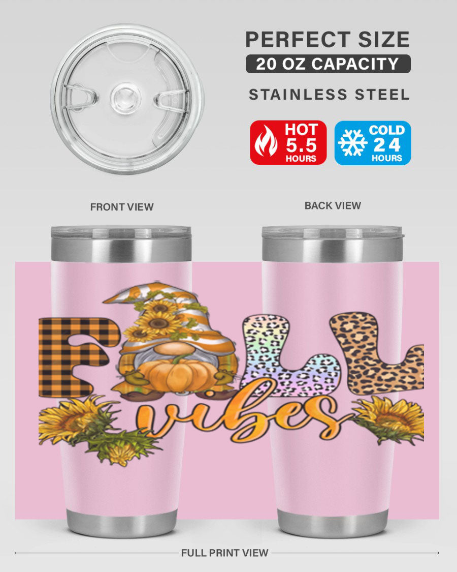 FallVibesFallGnome 20oz tumbler featuring double wall vacuum insulation and a stylish design, perfect for hot and cold beverages.
