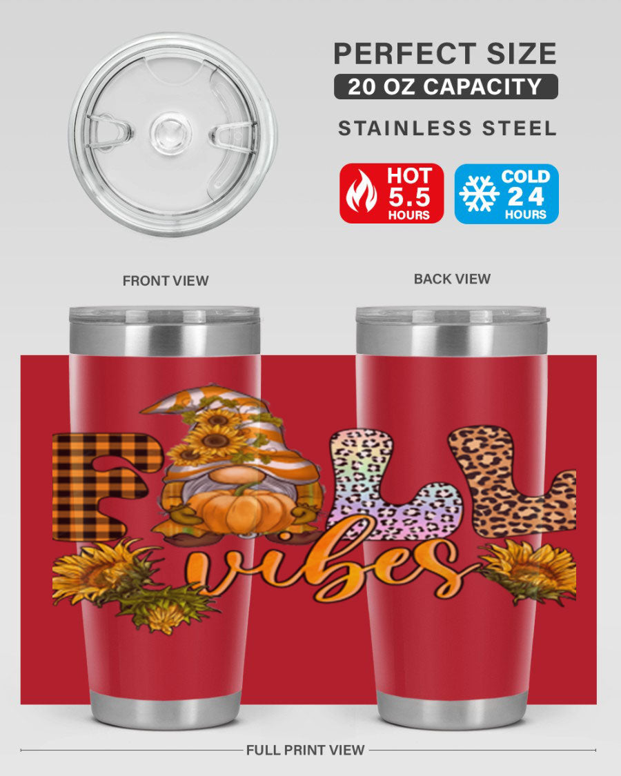 FallVibesFallGnome 20oz tumbler featuring double wall vacuum insulation and a stylish design, perfect for hot and cold beverages.