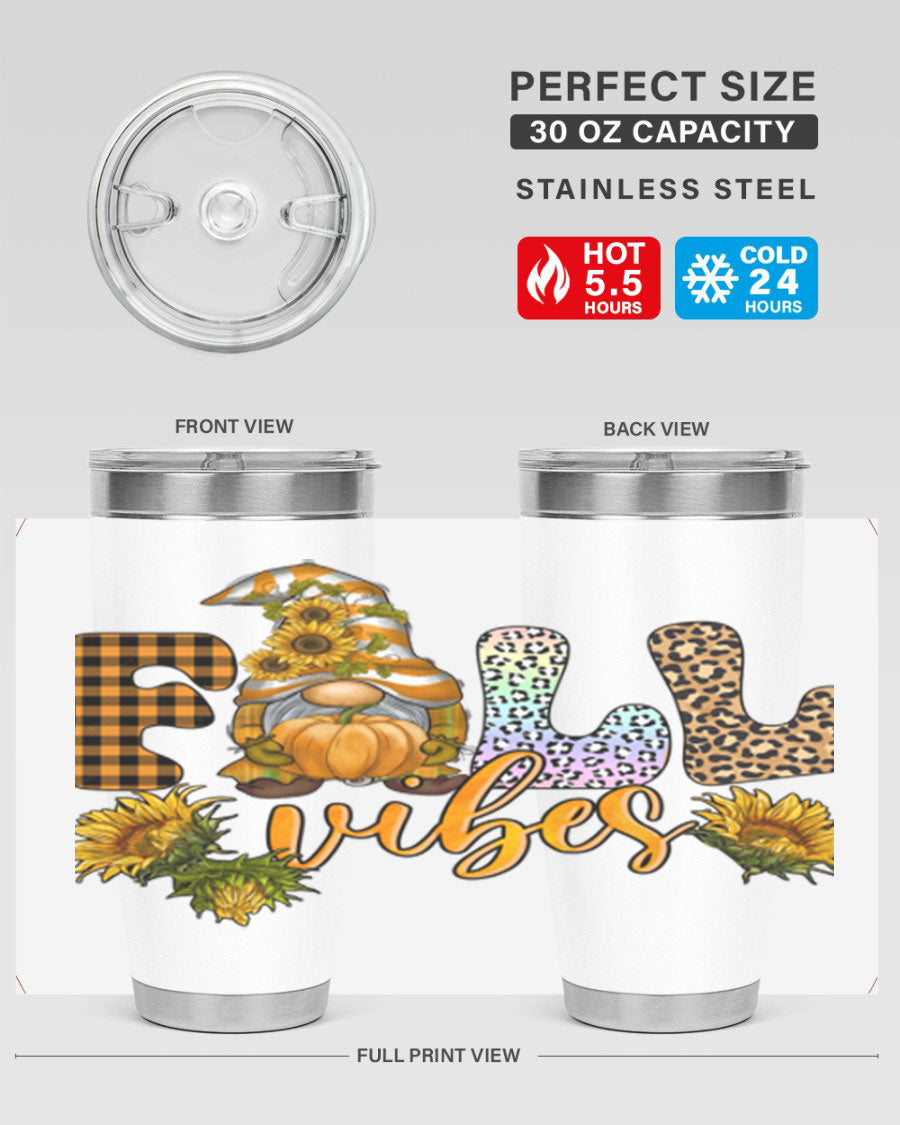 FallVibesFallGnome 20oz tumbler featuring double wall vacuum insulation and a stylish design, perfect for hot and cold beverages.