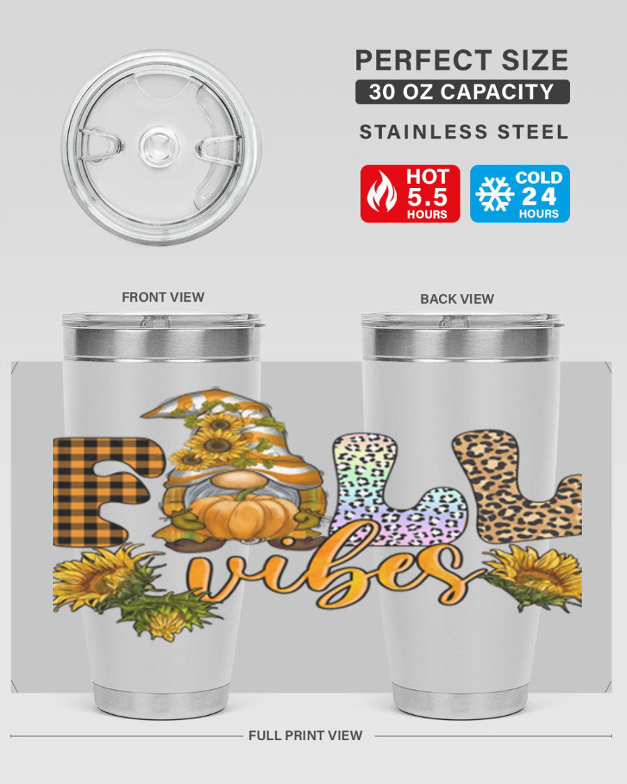 FallVibesFallGnome 20oz tumbler featuring double wall vacuum insulation and a stylish design, perfect for hot and cold beverages.