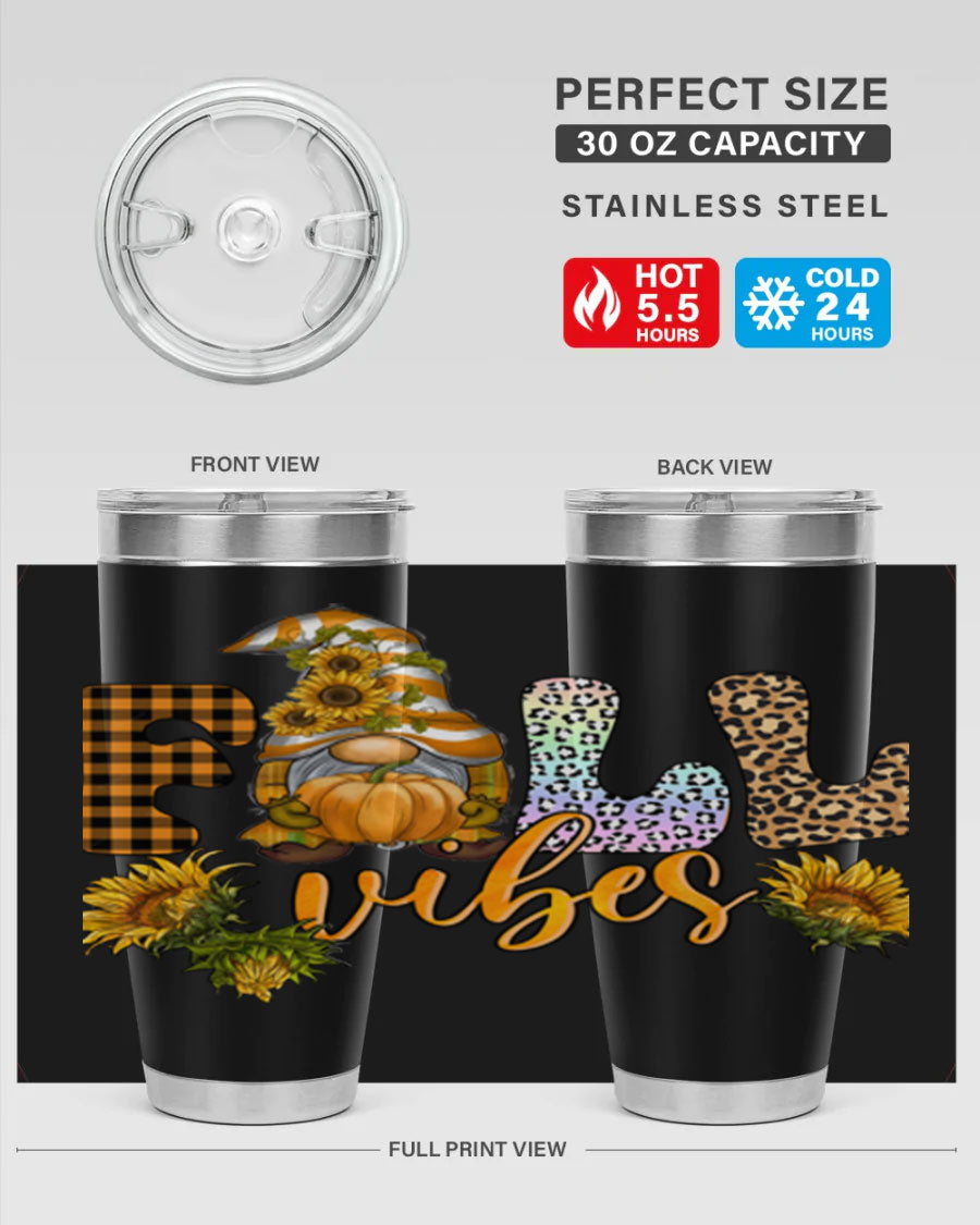 FallVibesFallGnome 20oz tumbler featuring double wall vacuum insulation and a stylish design, perfect for hot and cold beverages.