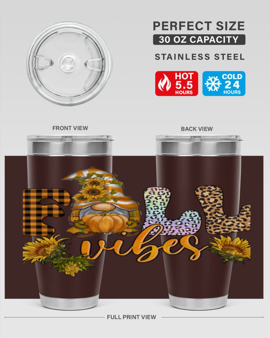 FallVibesFallGnome 20oz tumbler featuring double wall vacuum insulation and a stylish design, perfect for hot and cold beverages.