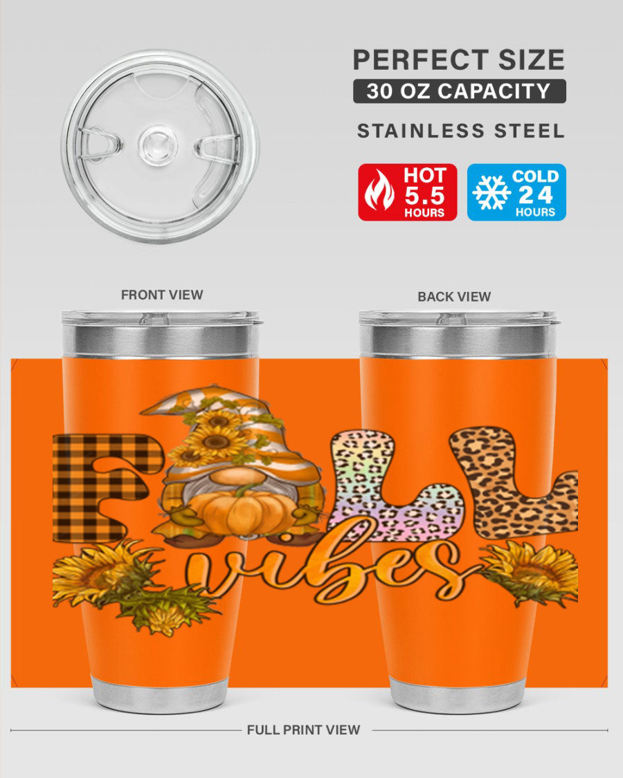 FallVibesFallGnome 20oz tumbler featuring double wall vacuum insulation and a stylish design, perfect for hot and cold beverages.