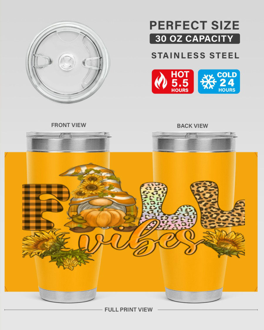FallVibesFallGnome 20oz tumbler featuring double wall vacuum insulation and a stylish design, perfect for hot and cold beverages.