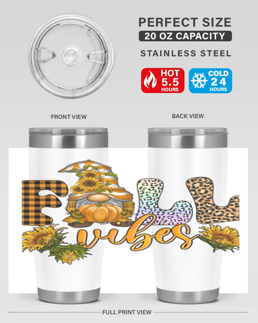 FallVibesFallGnome 20oz tumbler featuring double wall vacuum insulation and a stylish design, perfect for hot and cold beverages.