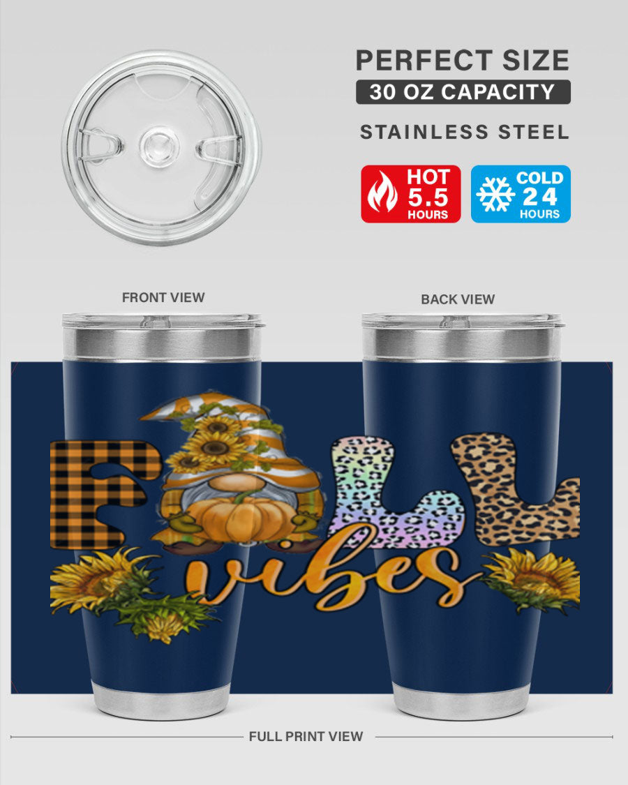 FallVibesFallGnome 20oz tumbler featuring double wall vacuum insulation and a stylish design, perfect for hot and cold beverages.