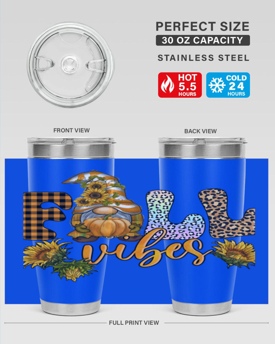 FallVibesFallGnome 20oz tumbler featuring double wall vacuum insulation and a stylish design, perfect for hot and cold beverages.