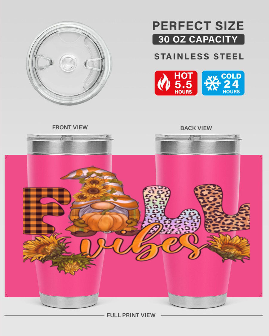 FallVibesFallGnome 20oz tumbler featuring double wall vacuum insulation and a stylish design, perfect for hot and cold beverages.