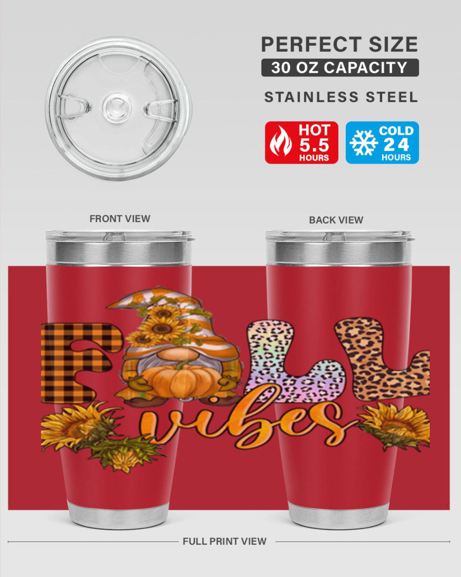 FallVibesFallGnome 20oz tumbler featuring double wall vacuum insulation and a stylish design, perfect for hot and cold beverages.