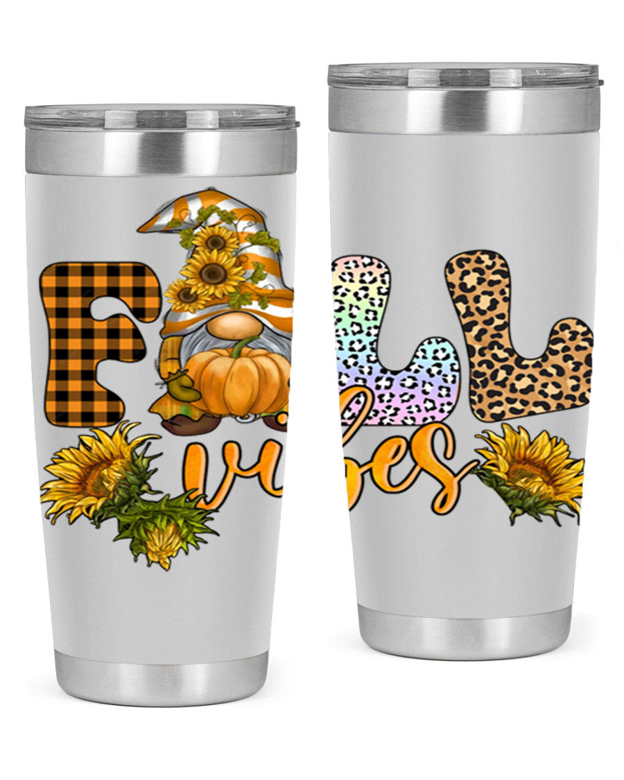 FallVibesFallGnome 20oz tumbler featuring double wall vacuum insulation and a stylish design, perfect for hot and cold beverages.