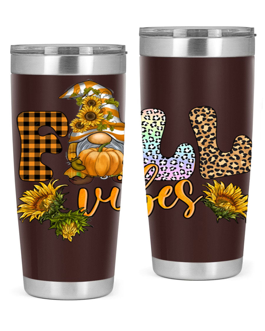 FallVibesFallGnome 20oz tumbler featuring double wall vacuum insulation and a stylish design, perfect for hot and cold beverages.