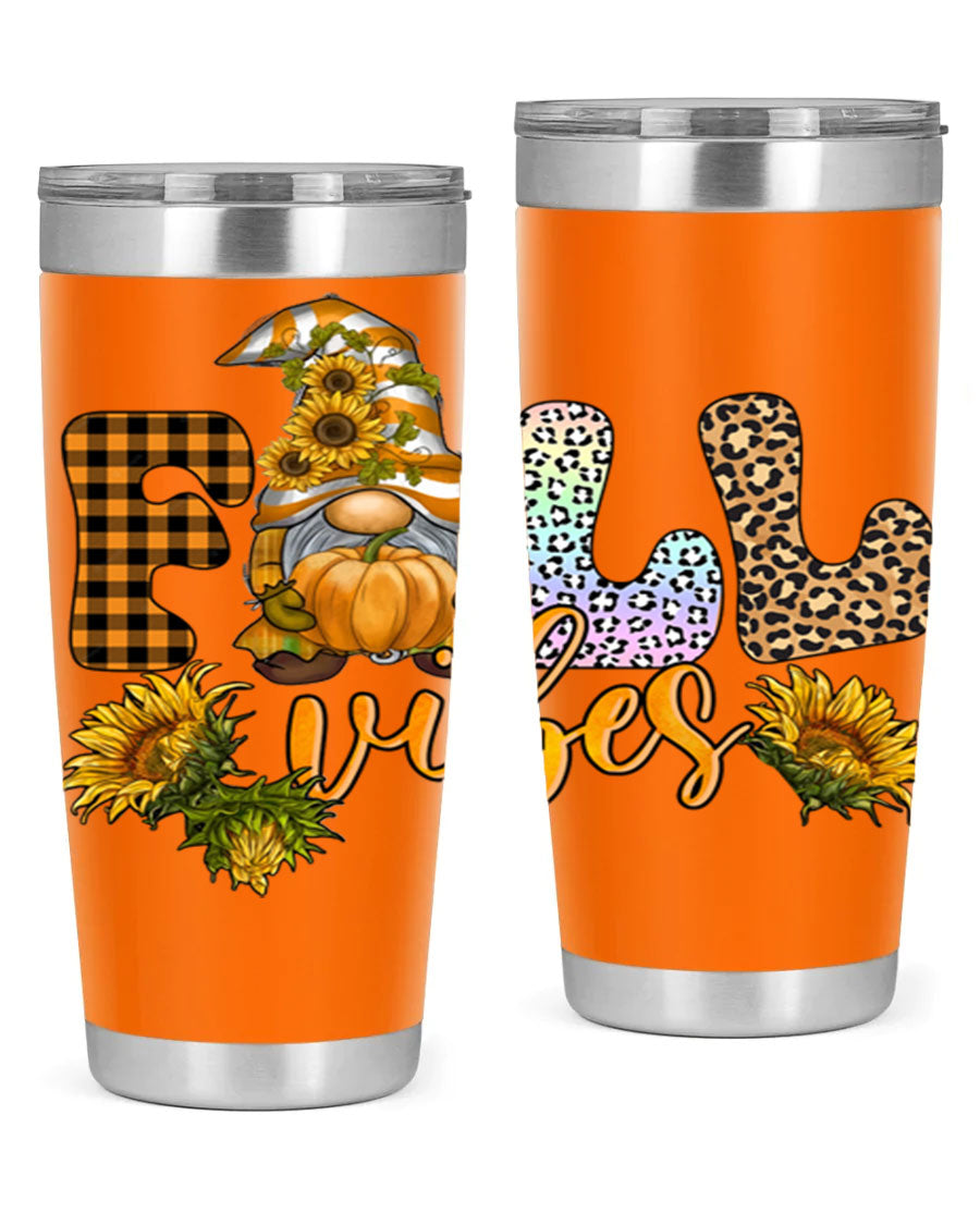 FallVibesFallGnome 20oz tumbler featuring double wall vacuum insulation and a stylish design, perfect for hot and cold beverages.