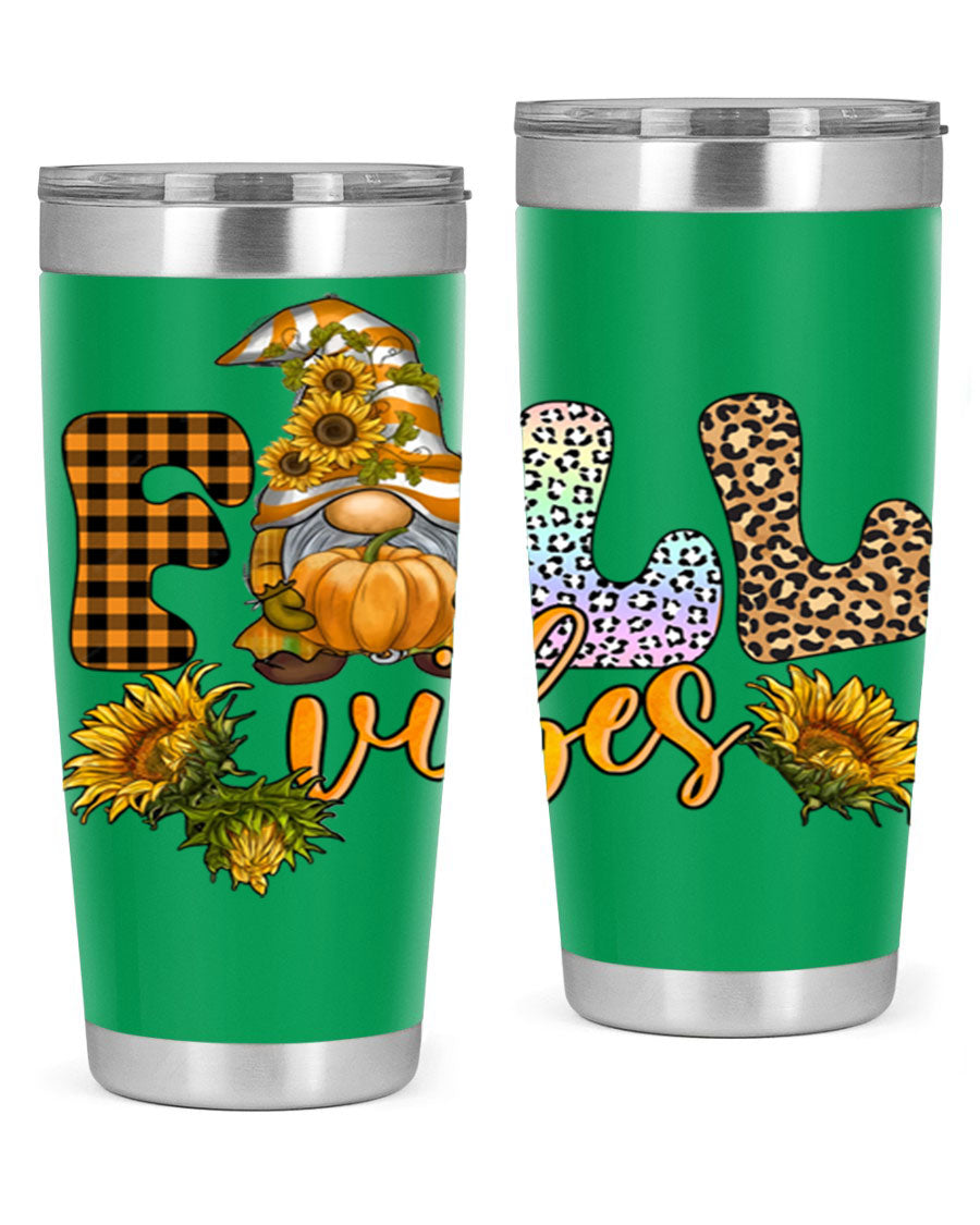 FallVibesFallGnome 20oz tumbler featuring double wall vacuum insulation and a stylish design, perfect for hot and cold beverages.