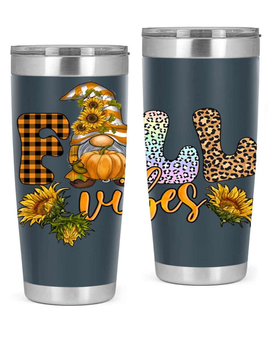 FallVibesFallGnome 20oz tumbler featuring double wall vacuum insulation and a stylish design, perfect for hot and cold beverages.