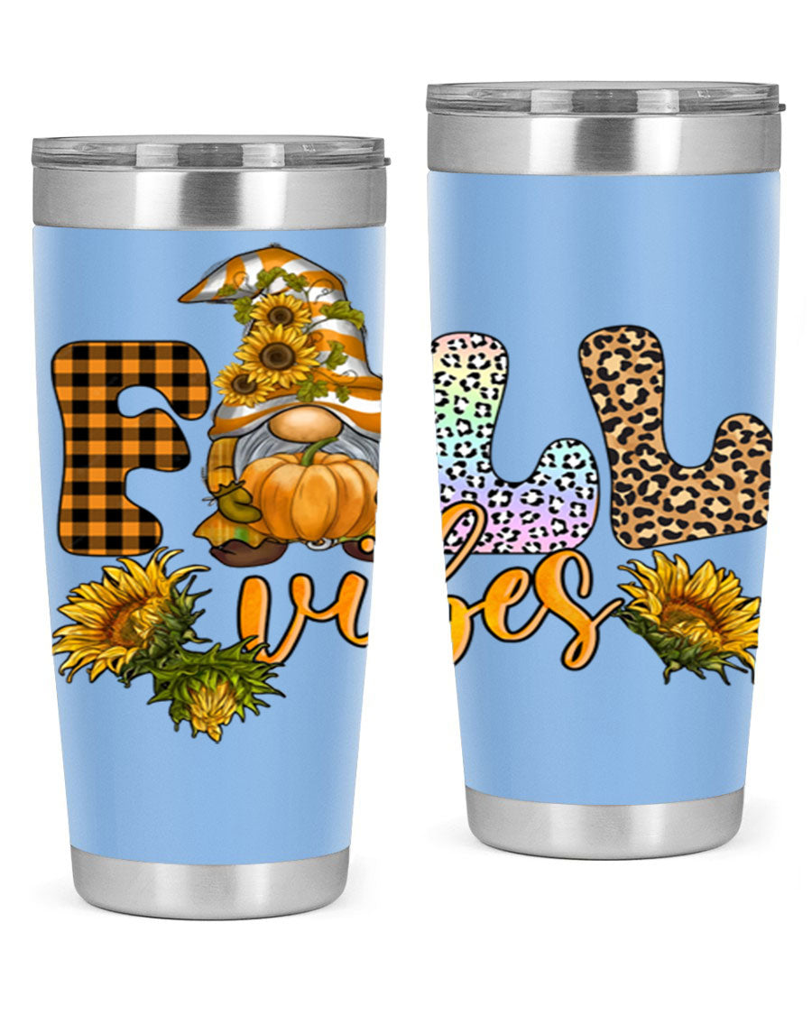 FallVibesFallGnome 20oz tumbler featuring double wall vacuum insulation and a stylish design, perfect for hot and cold beverages.