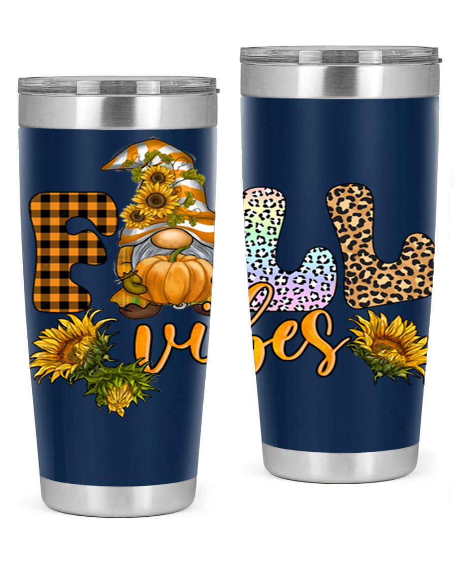 FallVibesFallGnome 20oz tumbler featuring double wall vacuum insulation and a stylish design, perfect for hot and cold beverages.