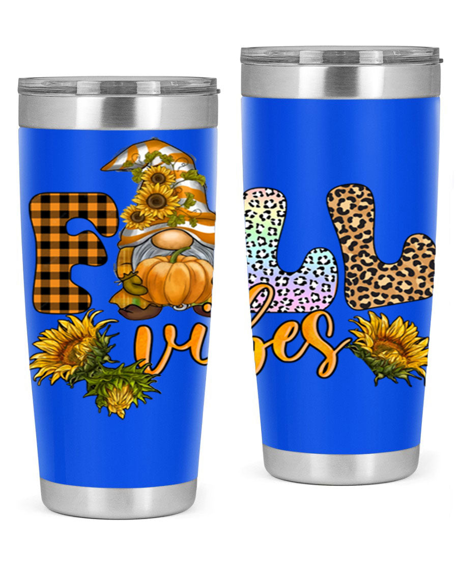 FallVibesFallGnome 20oz tumbler featuring double wall vacuum insulation and a stylish design, perfect for hot and cold beverages.