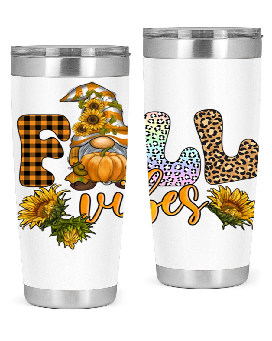 FallVibesFallGnome 20oz tumbler featuring double wall vacuum insulation and a stylish design, perfect for hot and cold beverages.