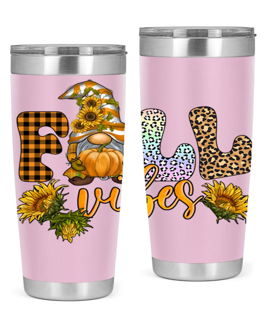 FallVibesFallGnome 20oz tumbler featuring double wall vacuum insulation and a stylish design, perfect for hot and cold beverages.