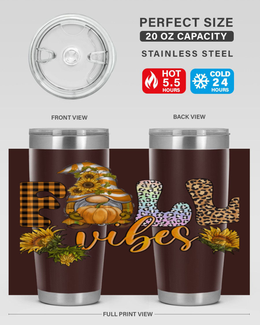 FallVibesFallGnome 20oz tumbler featuring double wall vacuum insulation and a stylish design, perfect for hot and cold beverages.