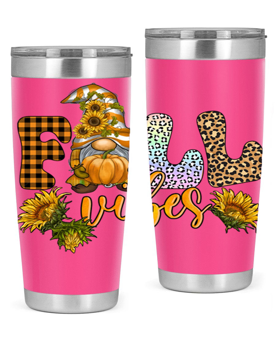 FallVibesFallGnome 20oz tumbler featuring double wall vacuum insulation and a stylish design, perfect for hot and cold beverages.