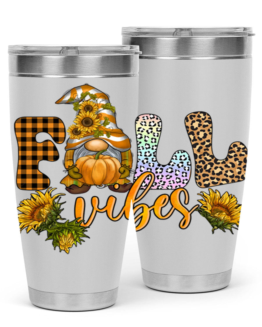 FallVibesFallGnome 20oz tumbler featuring double wall vacuum insulation and a stylish design, perfect for hot and cold beverages.