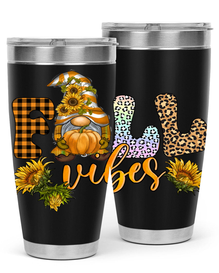 FallVibesFallGnome 20oz tumbler featuring double wall vacuum insulation and a stylish design, perfect for hot and cold beverages.