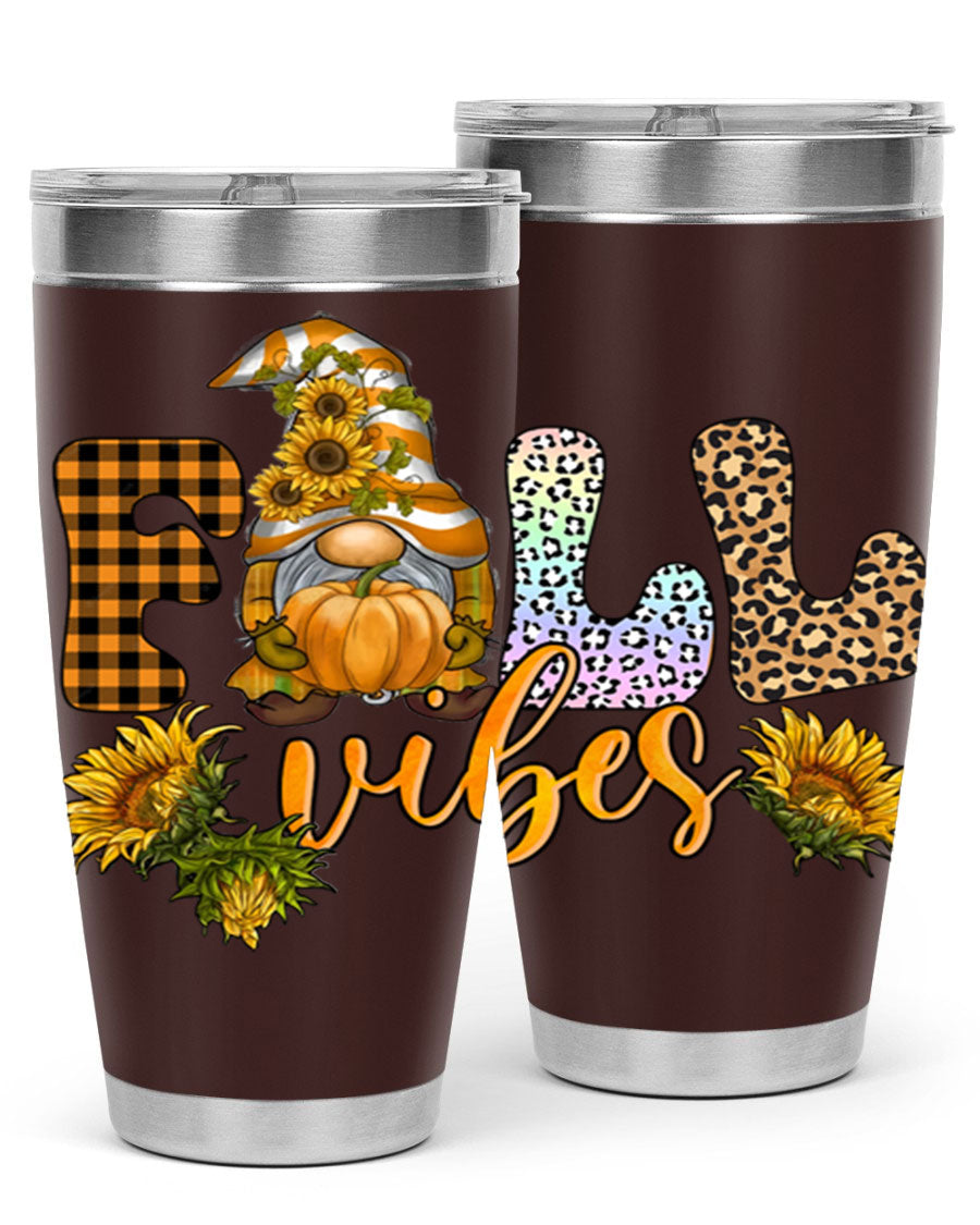 FallVibesFallGnome 20oz tumbler featuring double wall vacuum insulation and a stylish design, perfect for hot and cold beverages.