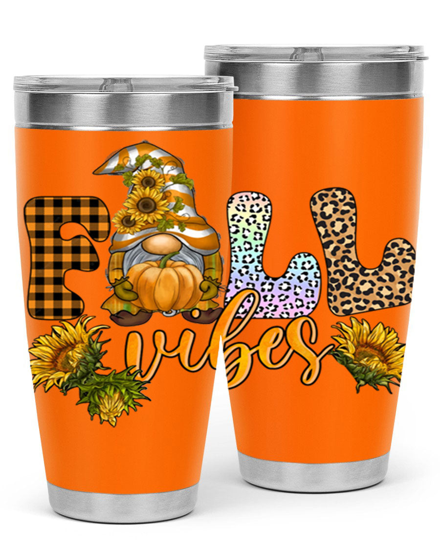 FallVibesFallGnome 20oz tumbler featuring double wall vacuum insulation and a stylish design, perfect for hot and cold beverages.