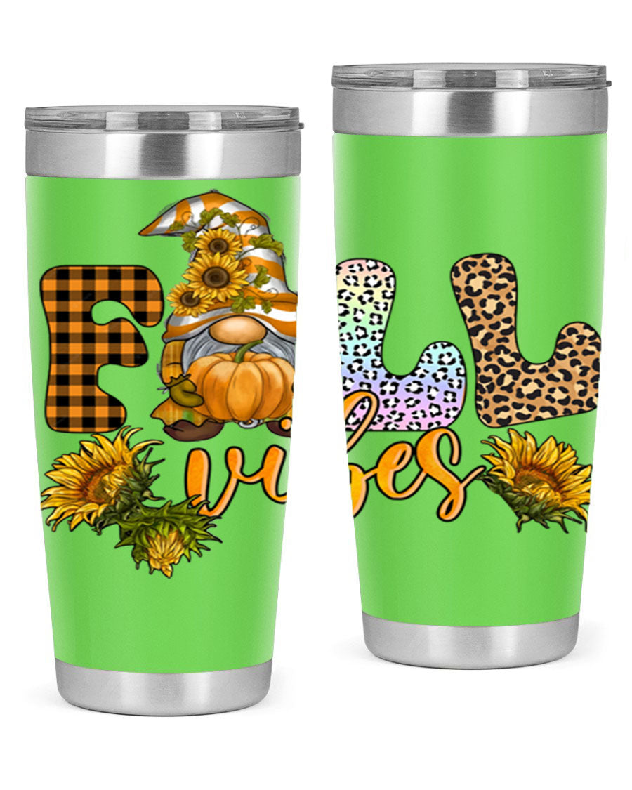 FallVibesFallGnome 20oz tumbler featuring double wall vacuum insulation and a stylish design, perfect for hot and cold beverages.